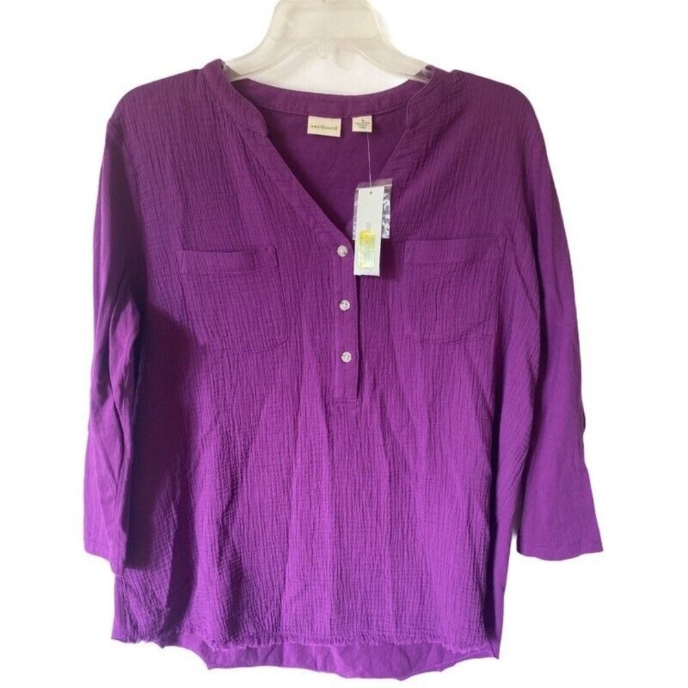 Westbound Womens Blouse Purple 3/4 Sleeve Notch Neck Pockets Cotton Top L NWTs